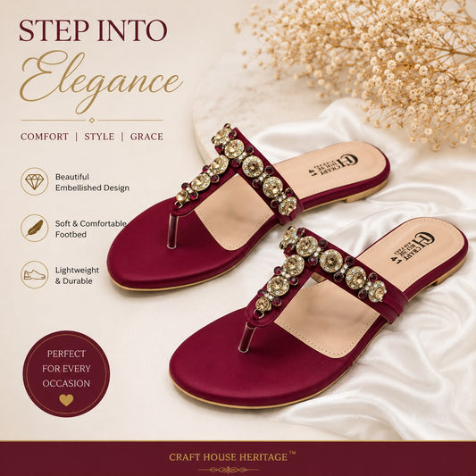 Handmade Mehroon Embellished Women's Flat Slippers – Elegant Soft Sole Fancy Sandals for Party