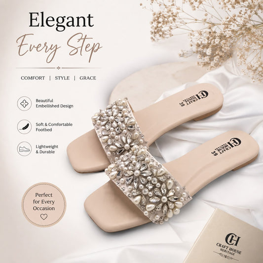 Handmade Pearl & Crystal Embellished Women's Flat Slippers