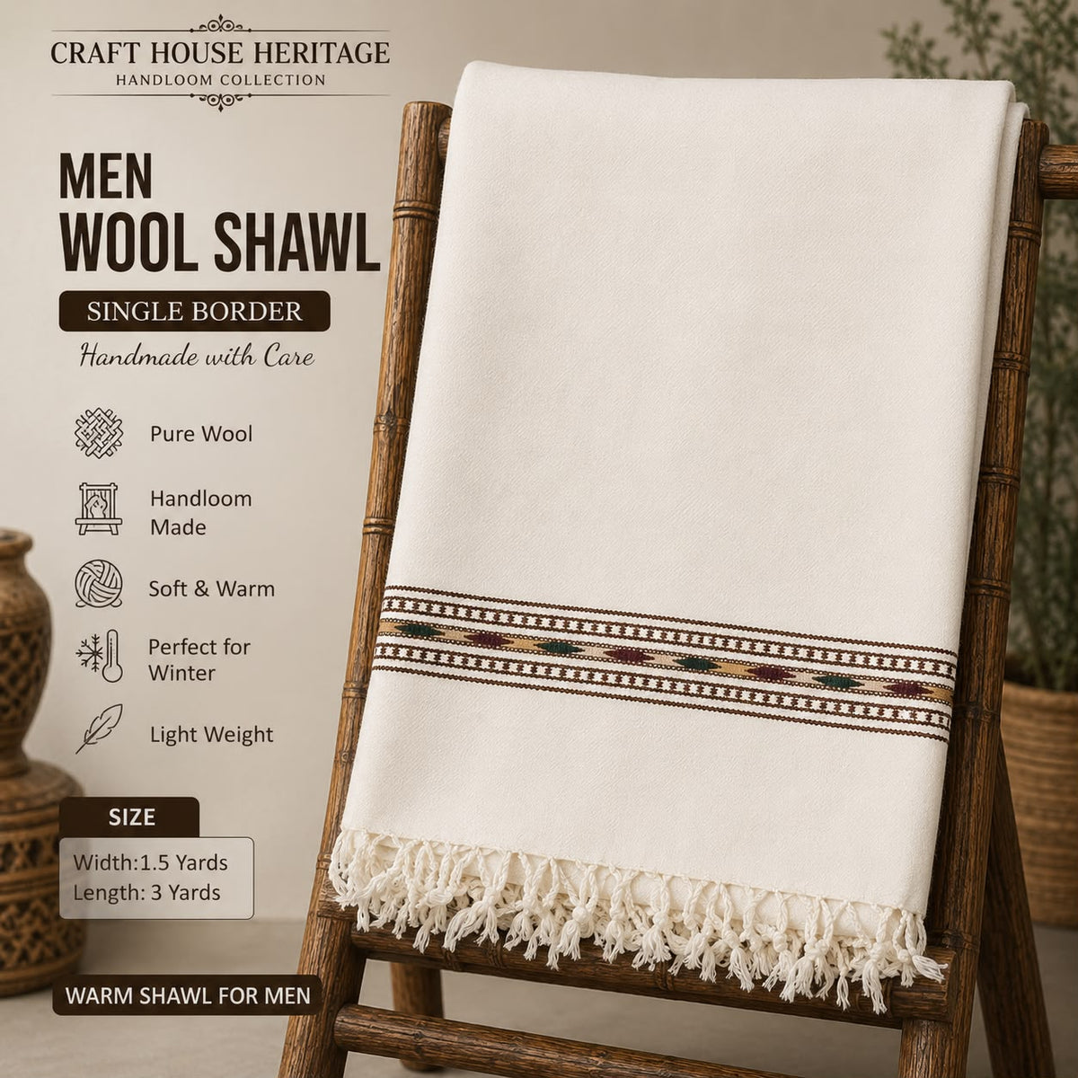 Men’s Wool Shawl – Single Border | Handmade & Handloom