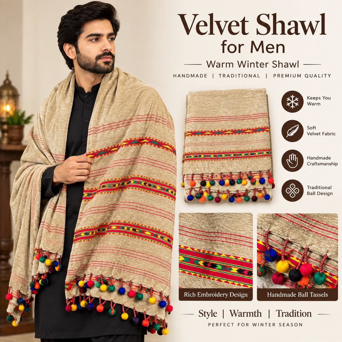 Men’s Velvet Shawl – Handmade Traditional Winter Shawl