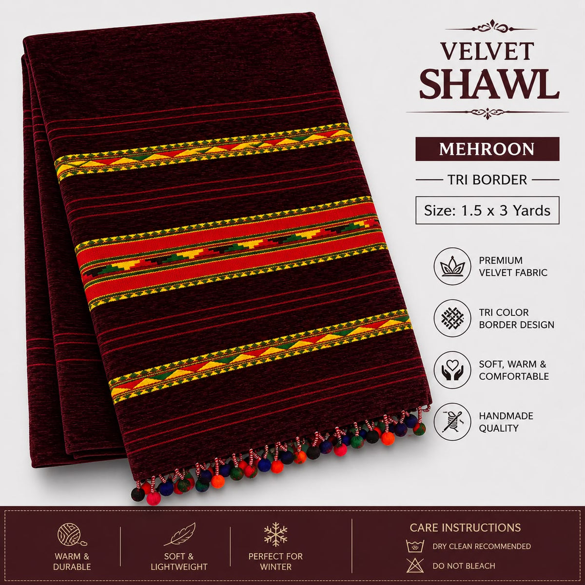 Men’s Handmade Maroon Velvet Shawl – Tri-Border Handloom Shawl