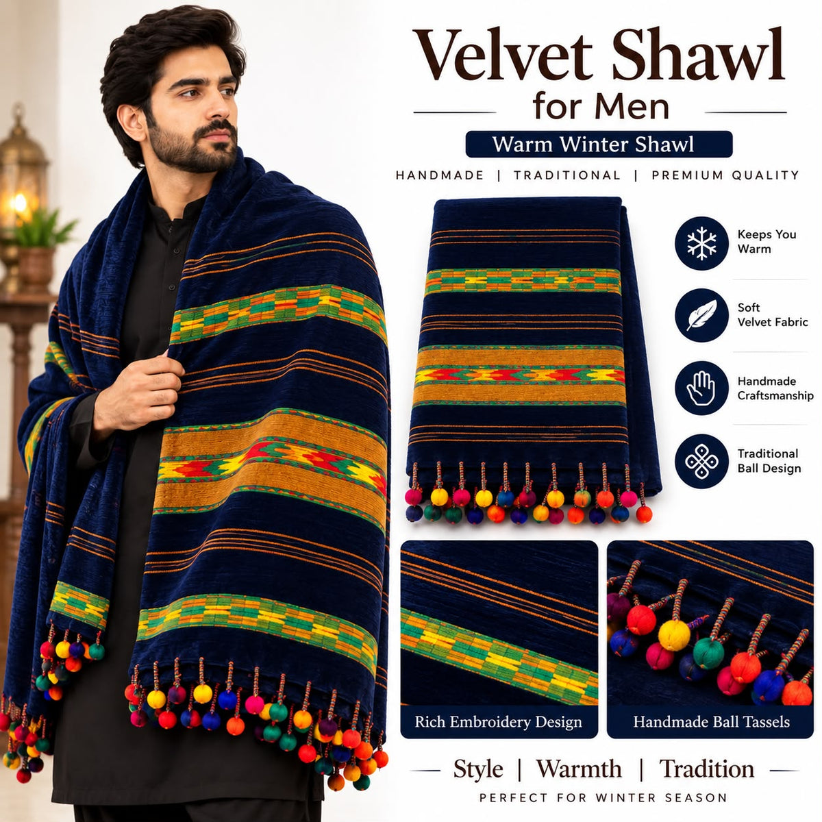 Men’s Handmade Blue Velvet Shawl – Tri-Border Handloom Shawl