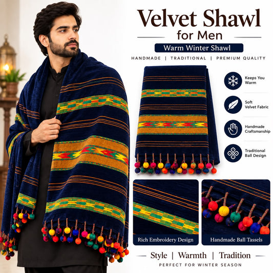 Men’s Handmade Blue Velvet Shawl – Tri-Border Handloom Shawl