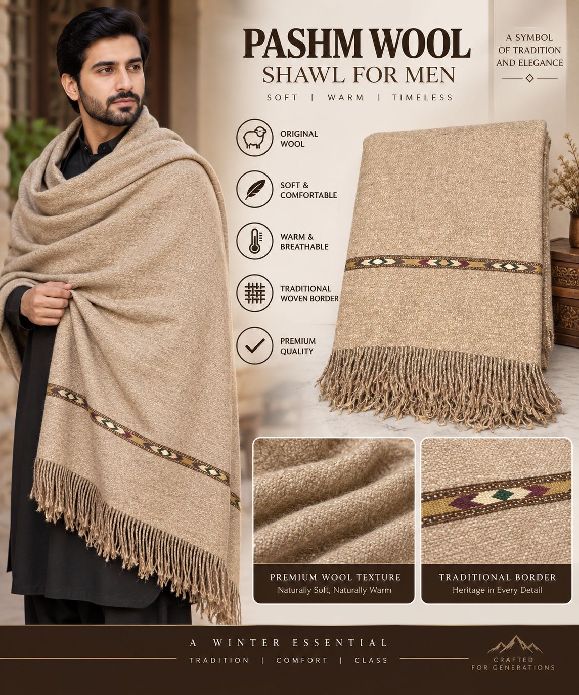 Men’s Handmade Pashm Wool Shawl – Soft & Premium Pashm Shawl for Men - SH-29