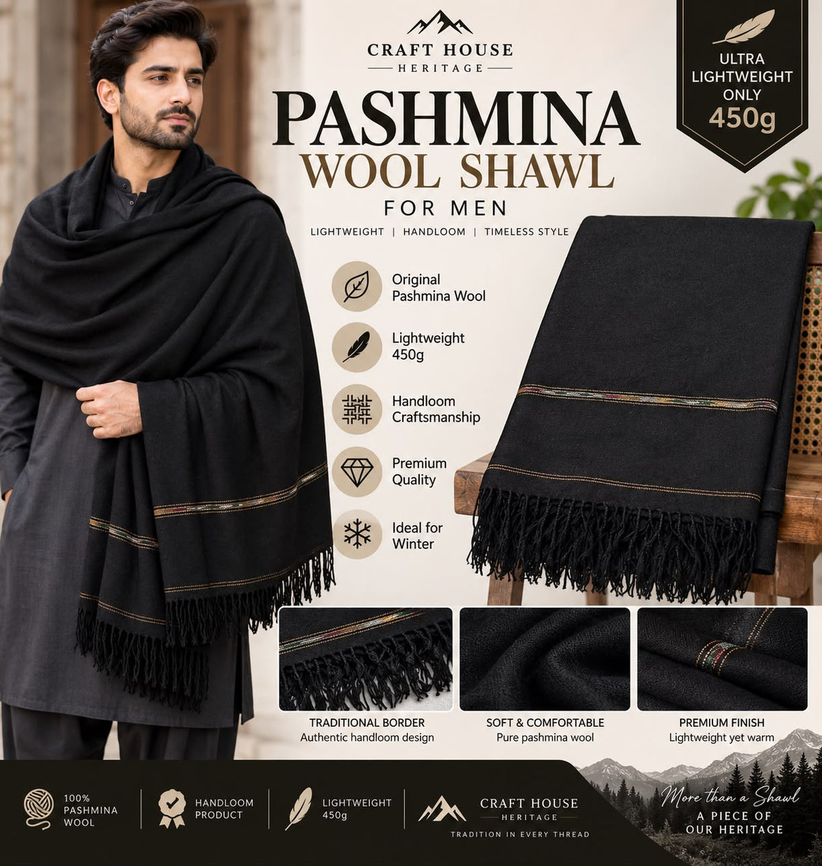 Handmade Black Pashmina Wool Shawl for Men – 72 Pashmina -SH-34