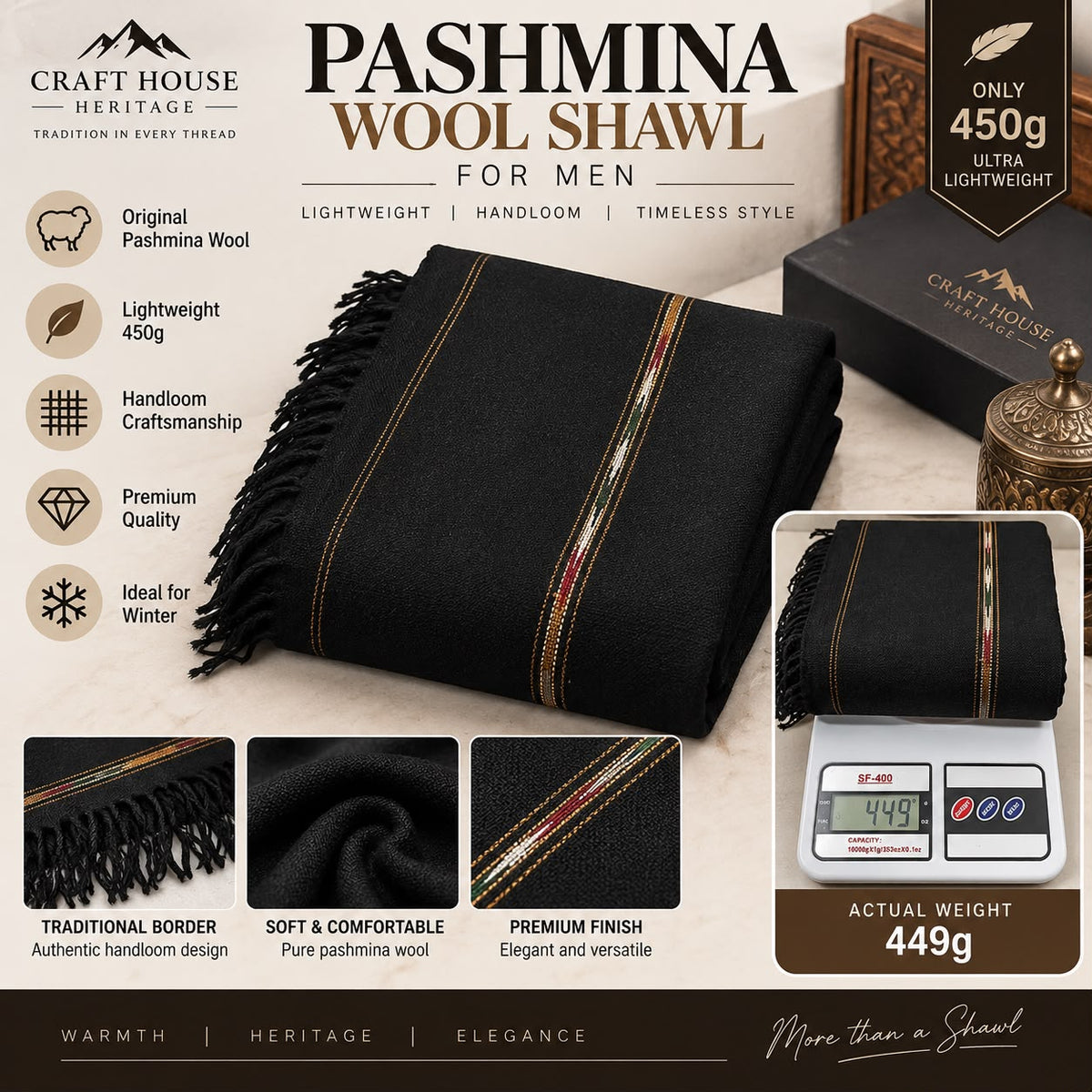Handmade Black Pashmina Wool Shawl for Men – 72 Pashmina -SH-34