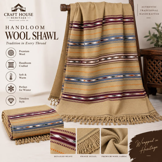 Camel Color Australian Wool Handloom Shawl | 5 Multi-Border | SH-35