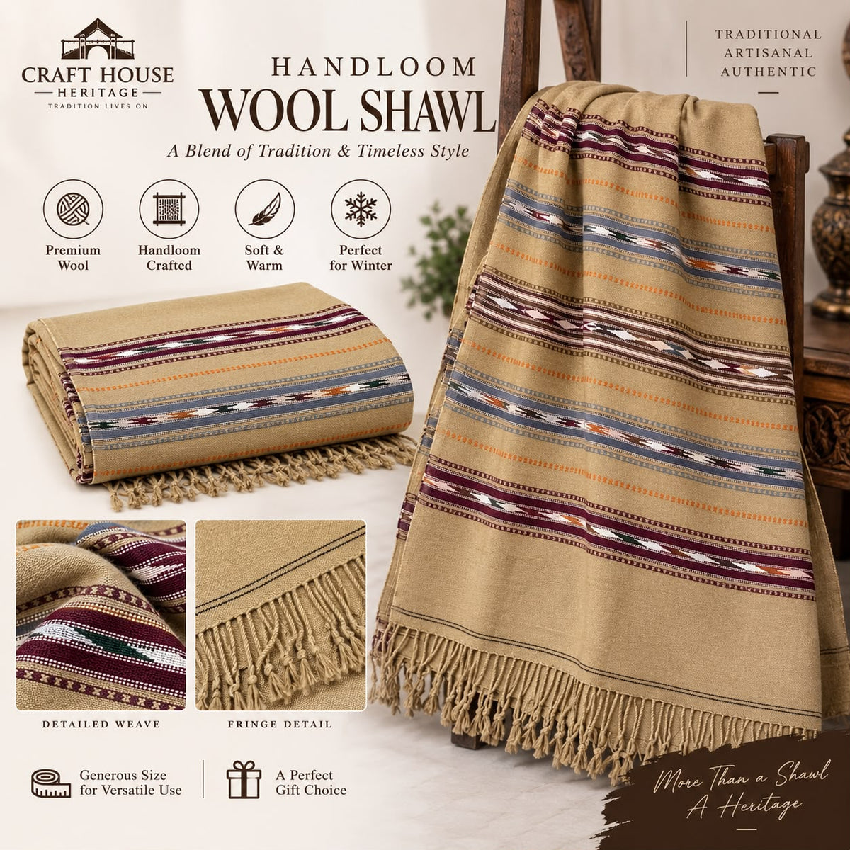 Camel Color Australian Wool Handloom Shawl | 5 Multi-Border | SH-35