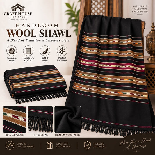 Men’s Black Wool Handloom Shawl | 5 Multi-Border | SH-36