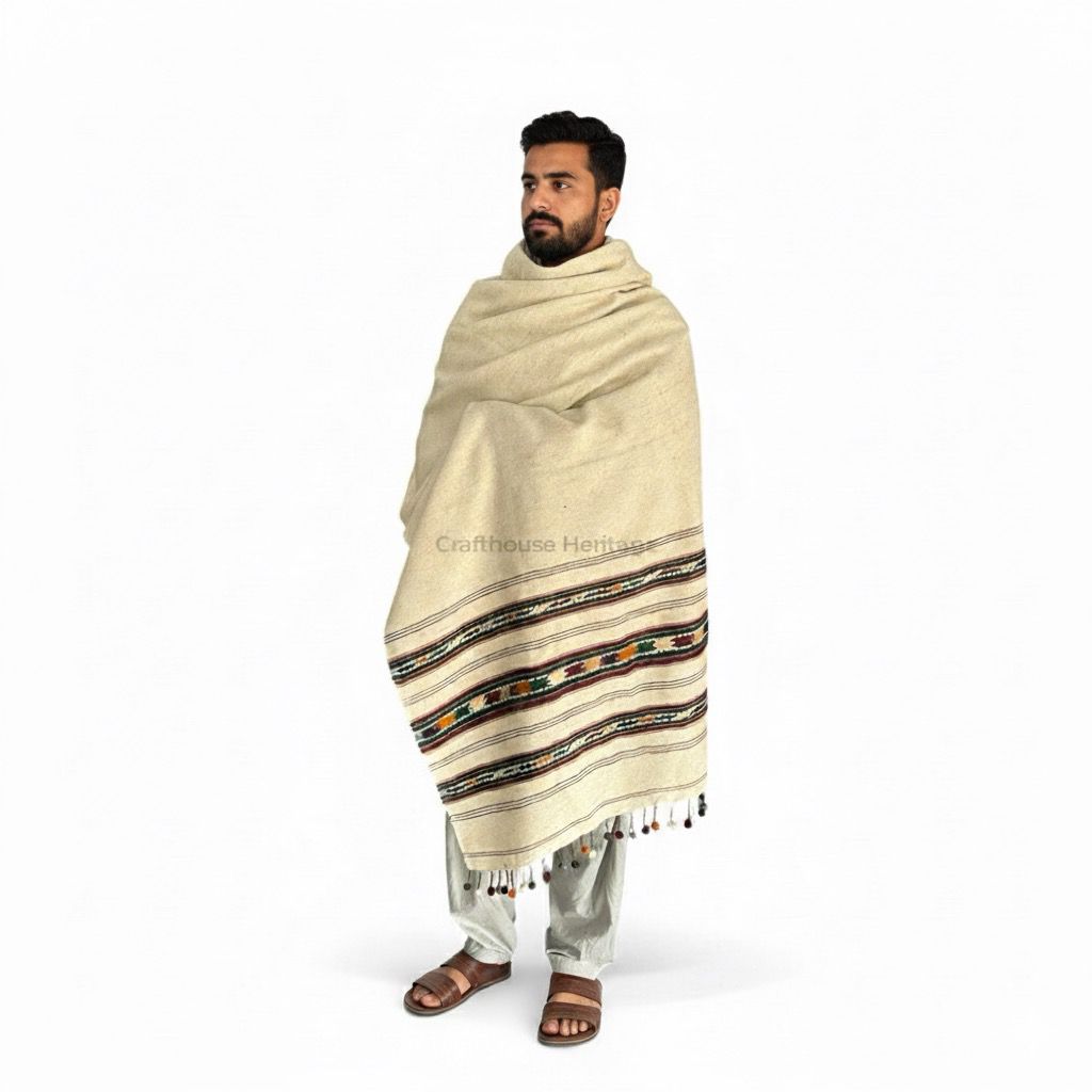 Handmade Wadera Style Swati Wool Shawl for Men – “Sharai” with Three Borders