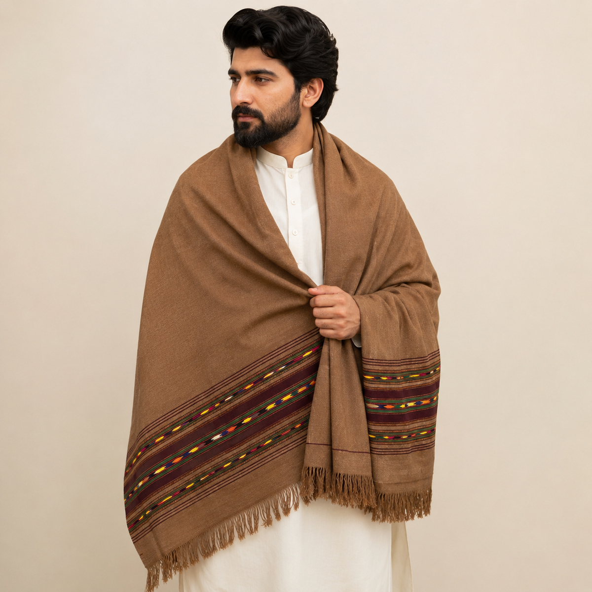 Handmade wadera shawl for men with multicolor borders - Camel Color
