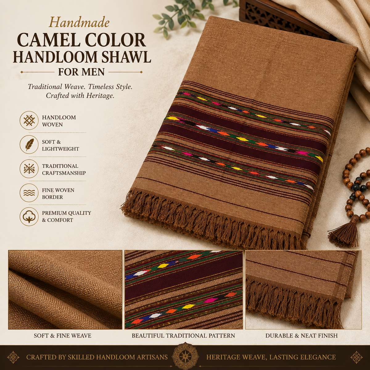 Handmade wadera shawl for men with multicolor borders - Camel Color