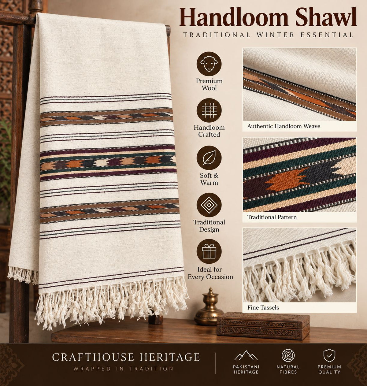 Handmade Wadera Style Swati Shawl for Men – “Sharai” with Three Borders -SH-25