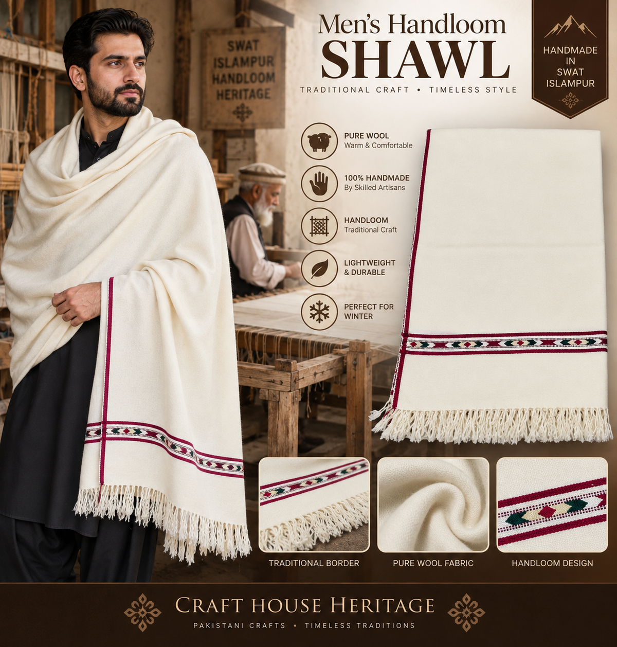 Men’s Off-White Lambswool Handloom Shawl – Soft Single Border Shawl- SH-24
