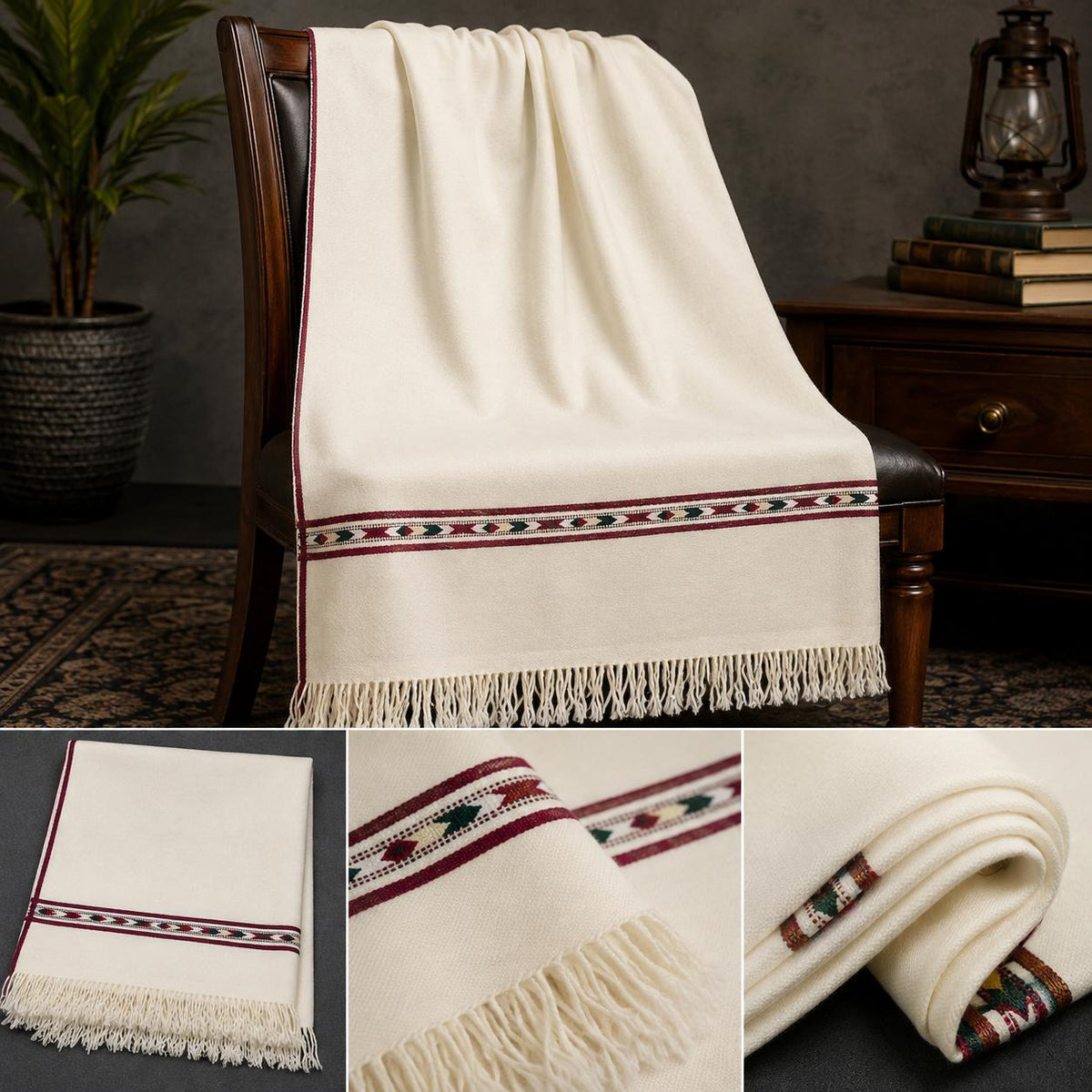 Men’s Off-White Lambswool Handloom Shawl – Soft Single Border Shawl- SH-24